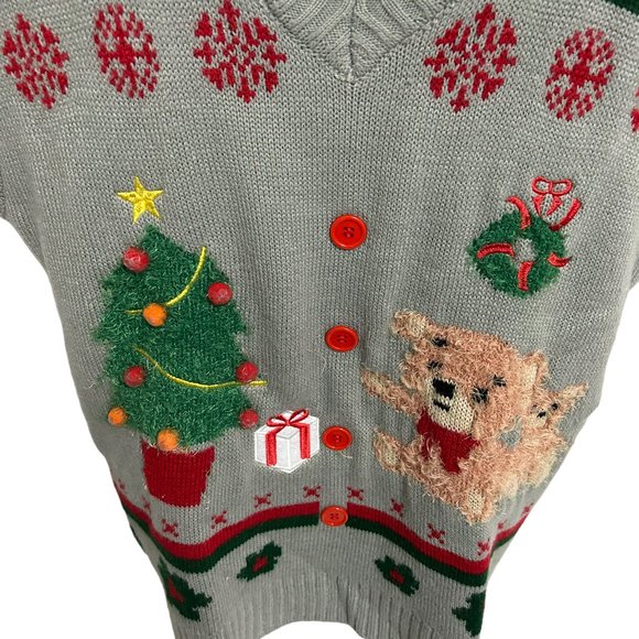 Merry Christmas Ugly Christmas V Neck Sweater Size Small Tree Dog - Picture 4 of 5